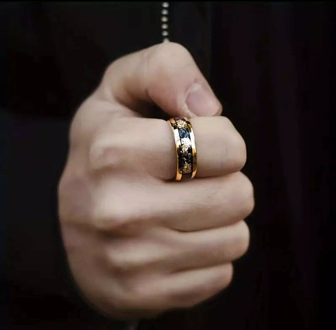 Men's 8mm Tungsten Gold Leaf Flakes & Crushed Meteorite Comfort-Fit Wedding Band